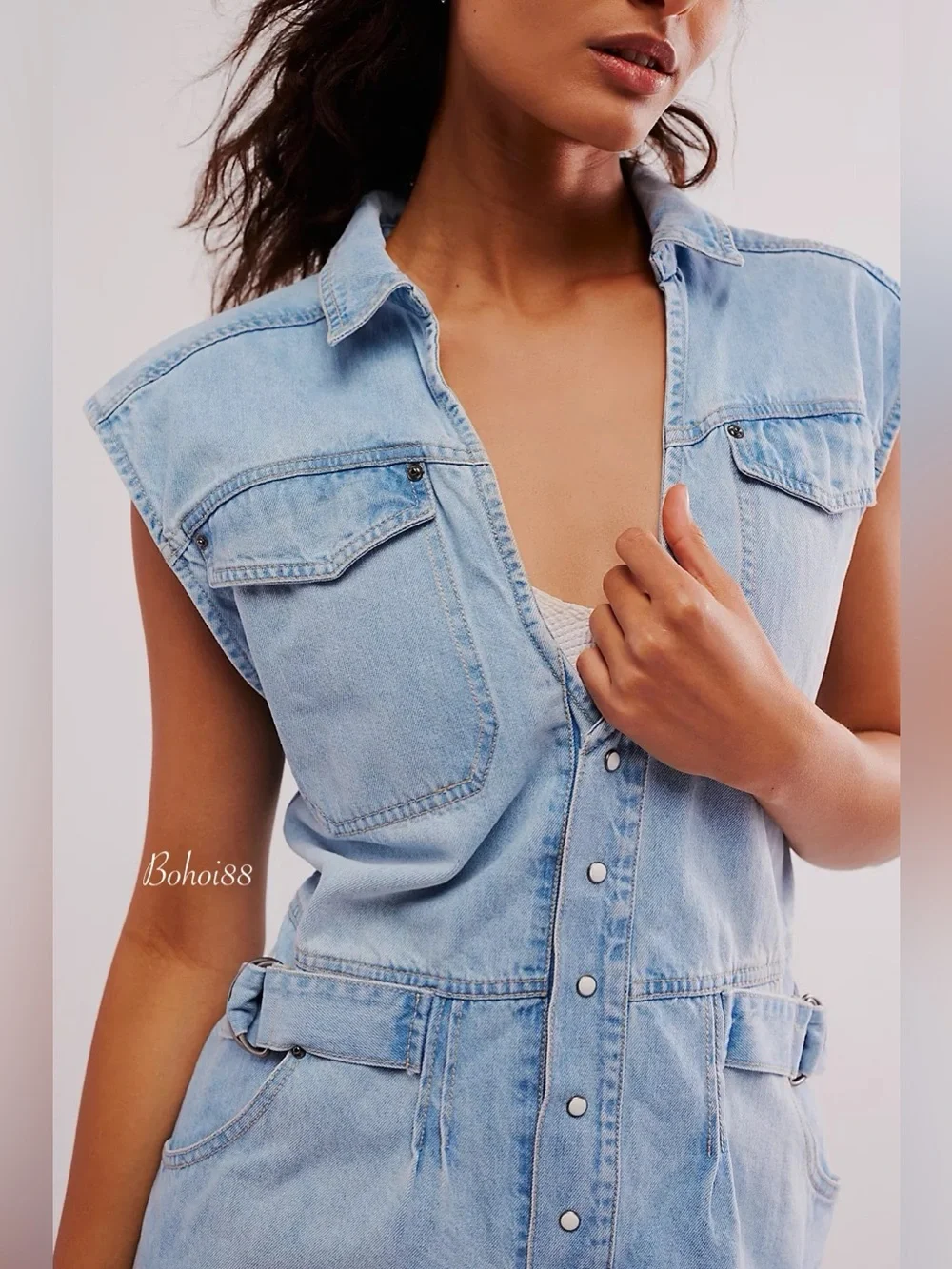 NWT Free People Rowley Denim Mini Dress Belted Button Front Plunge V-Neck - Picture 3 of 11